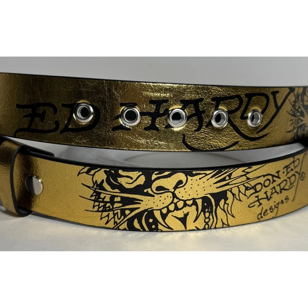 Ed Hardy Mens Gold Metallic Tattoo Print Belt Tiger Skull Snake Size 36 Y2K